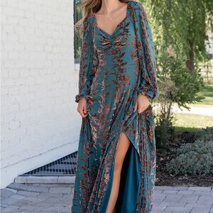 Baltic Born Teal and Brown Floral Maxi Dress. Aurora Velvet Maxi Dress